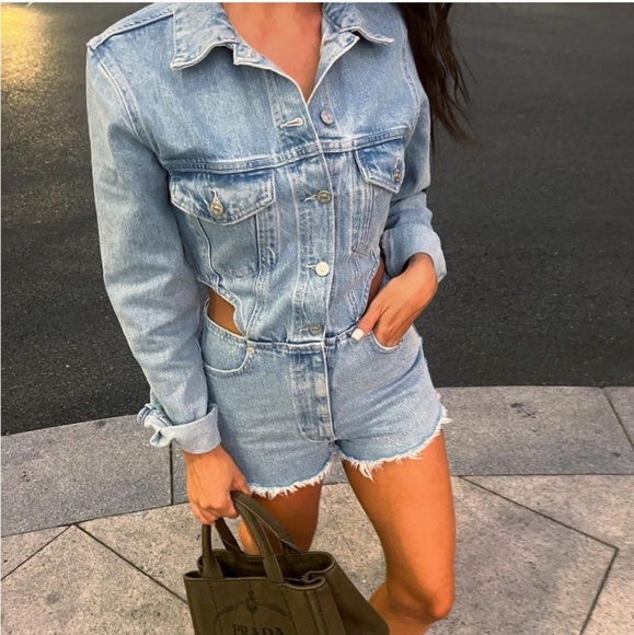 Zara cut out denim short blue wash jumpsuit - Picture 3 of 16